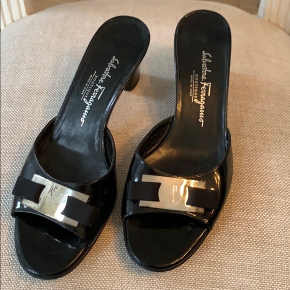 Salvatore Ferragamo Shoes - Salvatore Ferragamo Patent black slip on mules 8.5